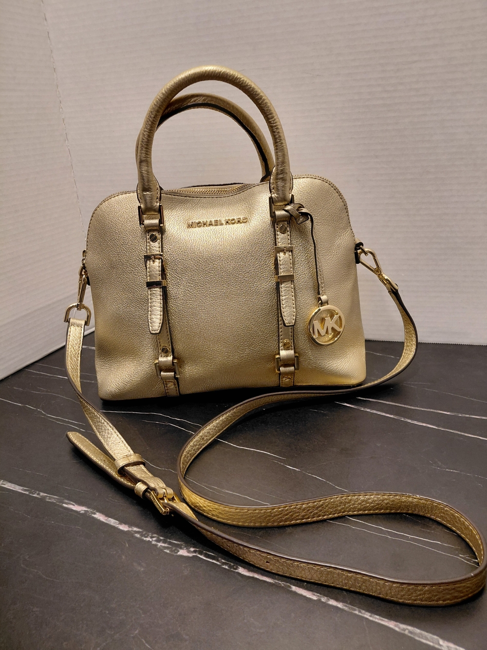 Michael Kors Dome Leather Satchel Crossbody Bag in Luggage Gold Color